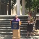 Photo: Alexandra Navrotsky, interim dean of Mathematical and Physical Sciences, at podium; Chancellor Katehi by her side