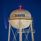 Comet NEOWISE pictured in frame with secondary UC Davis water tower.
