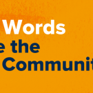 Graphic with orange background and text: "Which Four Words best describe the Principles of Community?"