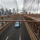 One car drives across Brooklyn Bridge in New York during Spring 2020's shelter-in-place directives.