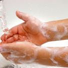 soaped-up hands under faucet  