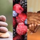 Healthy collage: walking, meditation (rocks), fruit, compassion, yoga