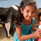 Two young girls with an ice cream cone in front of a dairy herd