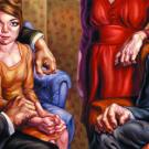 Krays, oil on canvas, 60 inches by 30 inches, by Owen Smith, in his signature pulp fiction, 1930s style of realism.