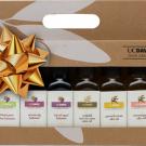 Six-bottle gift box of olive oils and vinegars, with gold bow.