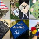 Six decorated graduation caps.