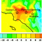 Graphic: Colored map of Central L.A. and Riverside, with colored scale below as a key.