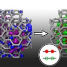 computer simulation of a light particle hitting a crystal of a high-pressure form of silicon