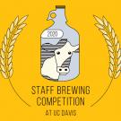 Staff Brewing Competition logo: growler (bottle) with cow's head on label, framed by hops, on "sunflower" gold background