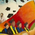 Mural shows graduation caps in the air, floating over graduates in caps and gowns.