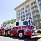 UC Davis Fire Department Truck 34 parked outside Storer Hall.