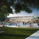 A rendering of the exterior of the future large lecture hall on California Avenue at UC Davis.
