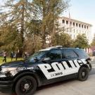 A police car outside Mrak Hall at UC Davis.