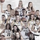 UC Davis women's basketball team with "Champs" text.