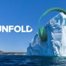 Illustrated photo depicts an iceberg at sea wearing giant headphones.