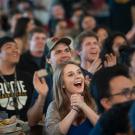 Students watch UC Davis-Kansas basketball game, at watch party in Segundo Dining Commons.