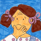 Graphic: colored drawing of a girl in pigtails looking worried