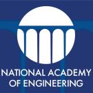 Logo of National Academy of Engineering, Dark blue background, white circle and lighter blue bridge spanning it