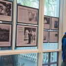 Kirk Arneson, son of artist Robert Arneson, views the display in Shields Library featuring archival photos and stories