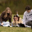 Three students, two wearing UC Davis sweatshirts, gather around their laptop computers on the grass with water visible behind them