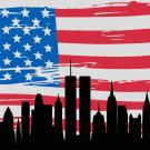 T-shirt design (cropped): New York City skyline superimposed on U.S. flag