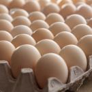 Light brown eggs in a carton, viewed from a corner of the carton. 