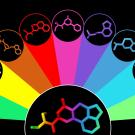 Graphic: rainbow fan of circular molecule icons around a central molecule on black semicircle