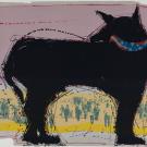 Painting of black dog by Malaquias Montoya
