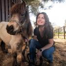 Woman crouching and smiling beside a small horse at a sunny farm