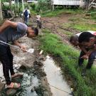 Students collecting mosquito larvae from a ditch. 
