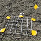 Biological soil crust, or biocrust, with grid laid atop it, with yellow markers for research