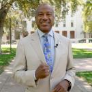 Chancellor Gary S. May in front of Mrak Hall.