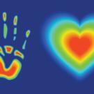Thermal-style graphic: handprint with heart in palm beside concentric rainbow heart