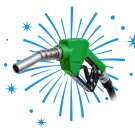 Graphic of green fuel nozzle with metallic hose and blue starburst background