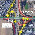Graphic shows open and closed ramps at highway interchange