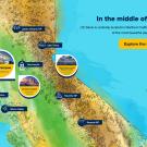 Map of California showing various UC Davis sites with the text: In the middle of everywhere