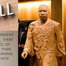 Combo: "King Hall" sign, MLK statue and plaque