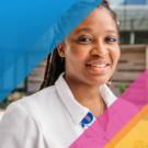 Female health care worker in lab coat, with UC open enrollment colors