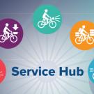 Graphic: Service Hub landing page with icons showing bicycles in various states of repair or disrepair, to represent IET services