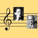 4 composers, black and white, superimposed on stave with treble clef