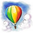Soaring to New Heights logo, colorful hot air balloon in the sky with clouds (drawing)