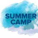"Summer Camp" against blue watercolor splotch
