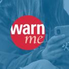 Red WarnMe logo against a blue background of a cell phone in hands