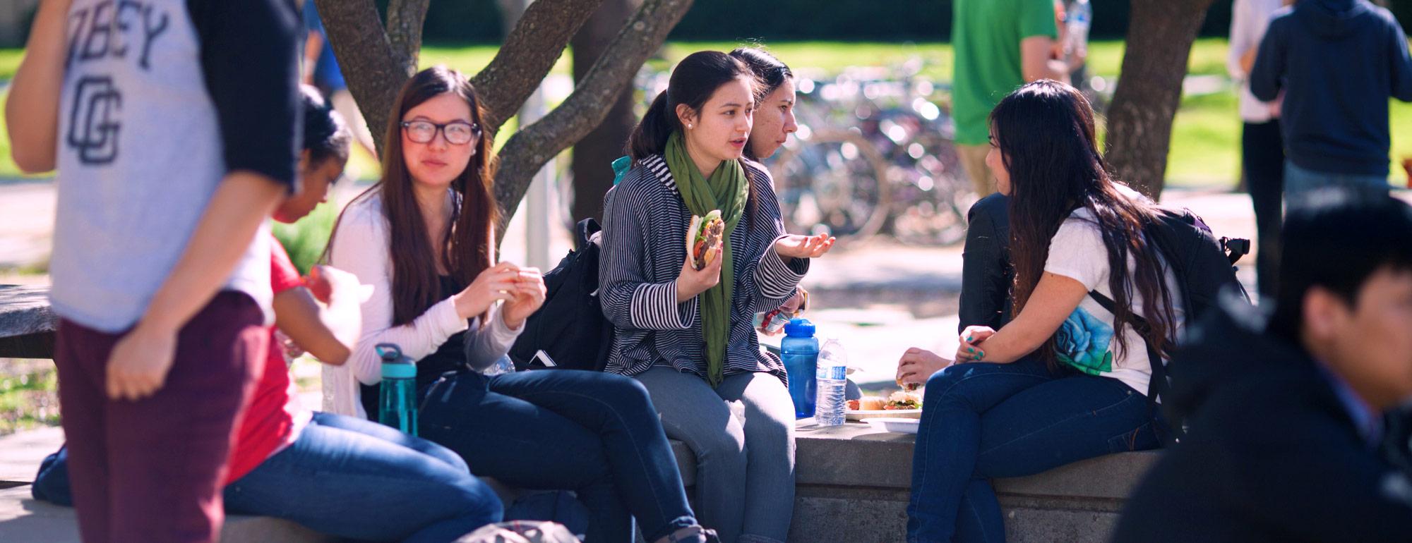students having lunch and chatting near the quad