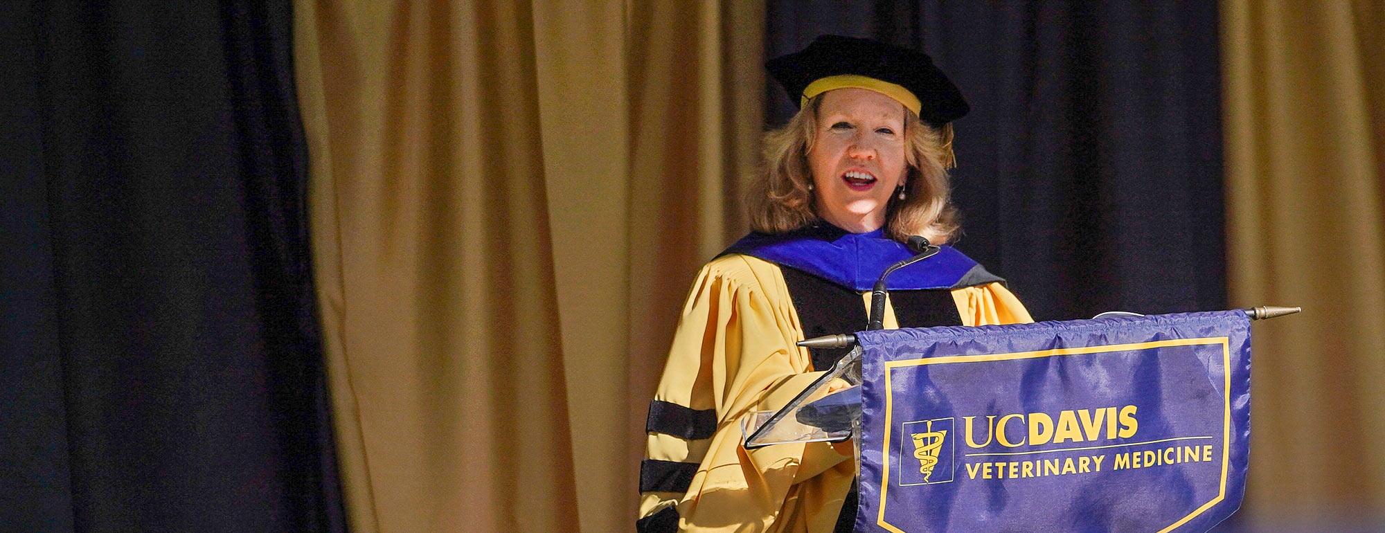 The UC Davis Provost Mary Coughan delivers a commencement speech