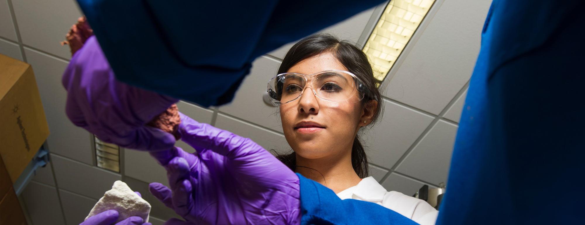A female student works with a researcher in a lab on the UC Davis campus