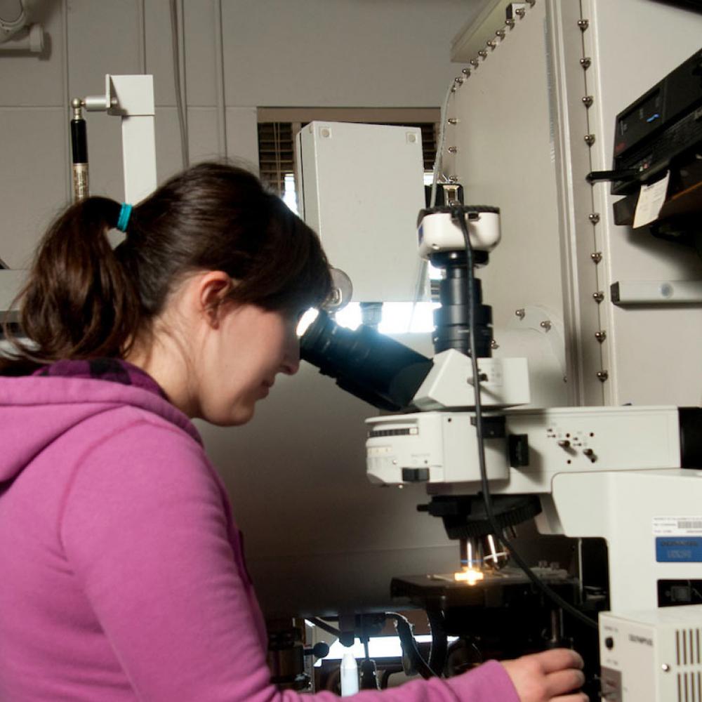 A student and her professor examine a slide specimen