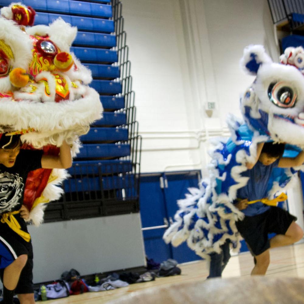 Several students practice the traditional Chinese "Lion Dance"