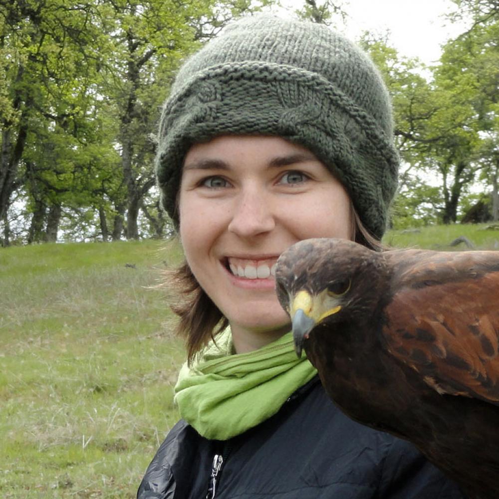 A female student holds a hawk