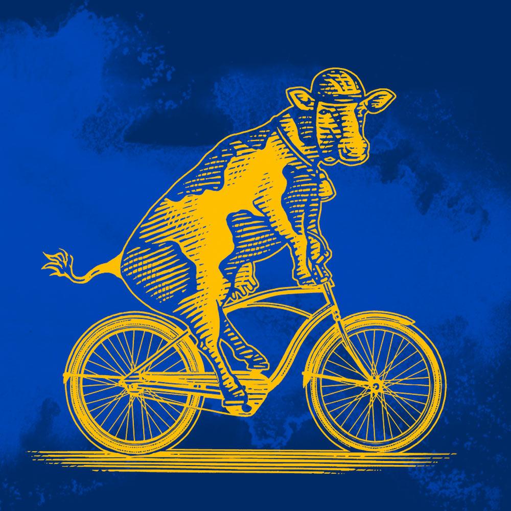 An illustration of a cow riding a bicycle